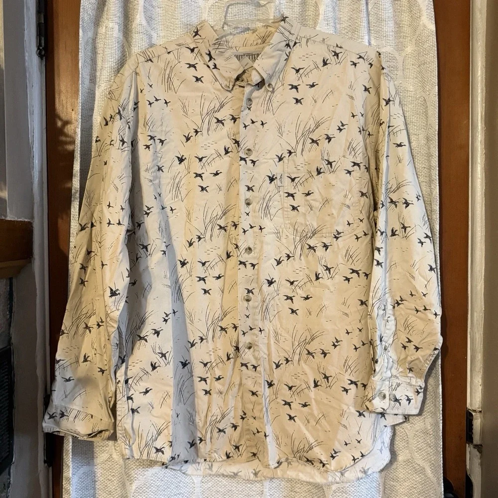 Roundtree & Yorke Auth Outfitters Men's XL Beige Navy Duck Print Button Up Shirt